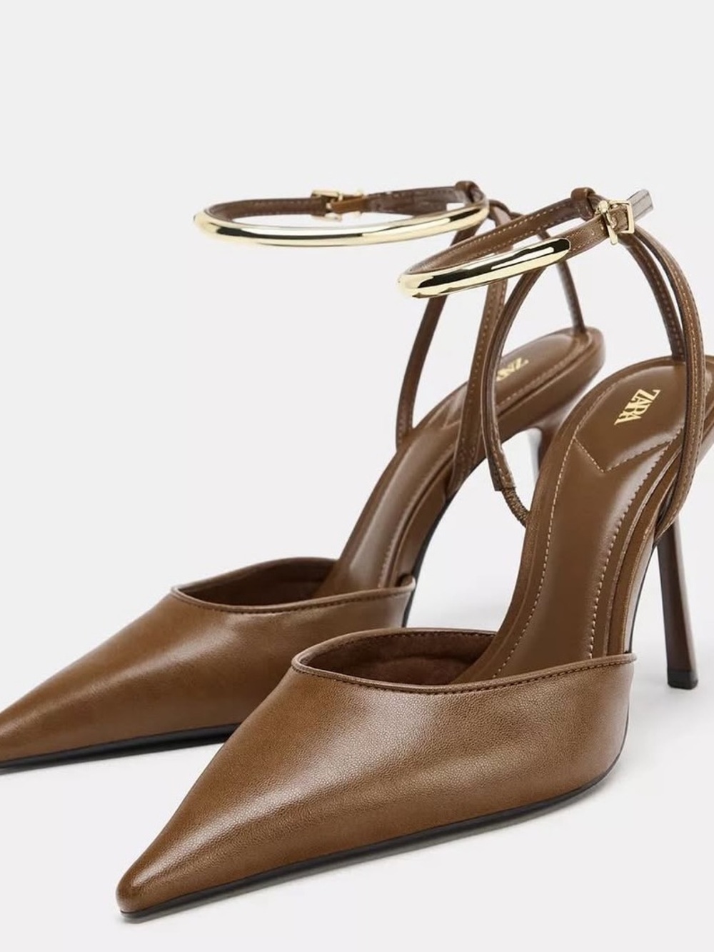 Zara Brown Pointed-Toe Ankle-Strap Stiletto Heels with Gold Accent